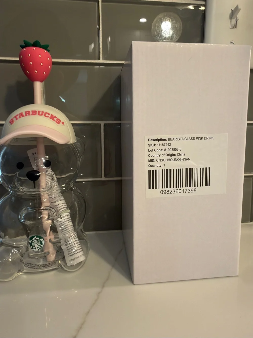 Starbucks Clear Bearista Glass Cup with Pink Strawberry Top. Brand new!